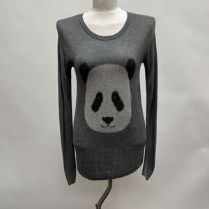 Kensie Women's Sweater Small Panda Bear Gray White Long Sleeve